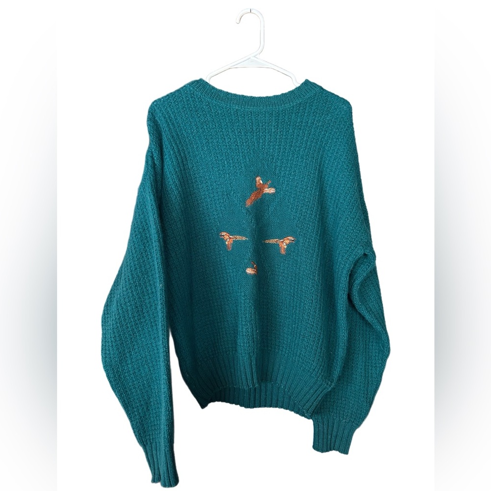 Vintage Pendleton 100% Wool Pheasant Bird Embroidered Sweater Made in USA Green